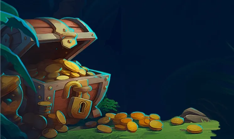 Åpen skattekiste fylt med gullmynter som illustrerer den massive velkomstbonusen og gevinster hos Wazamba casino.